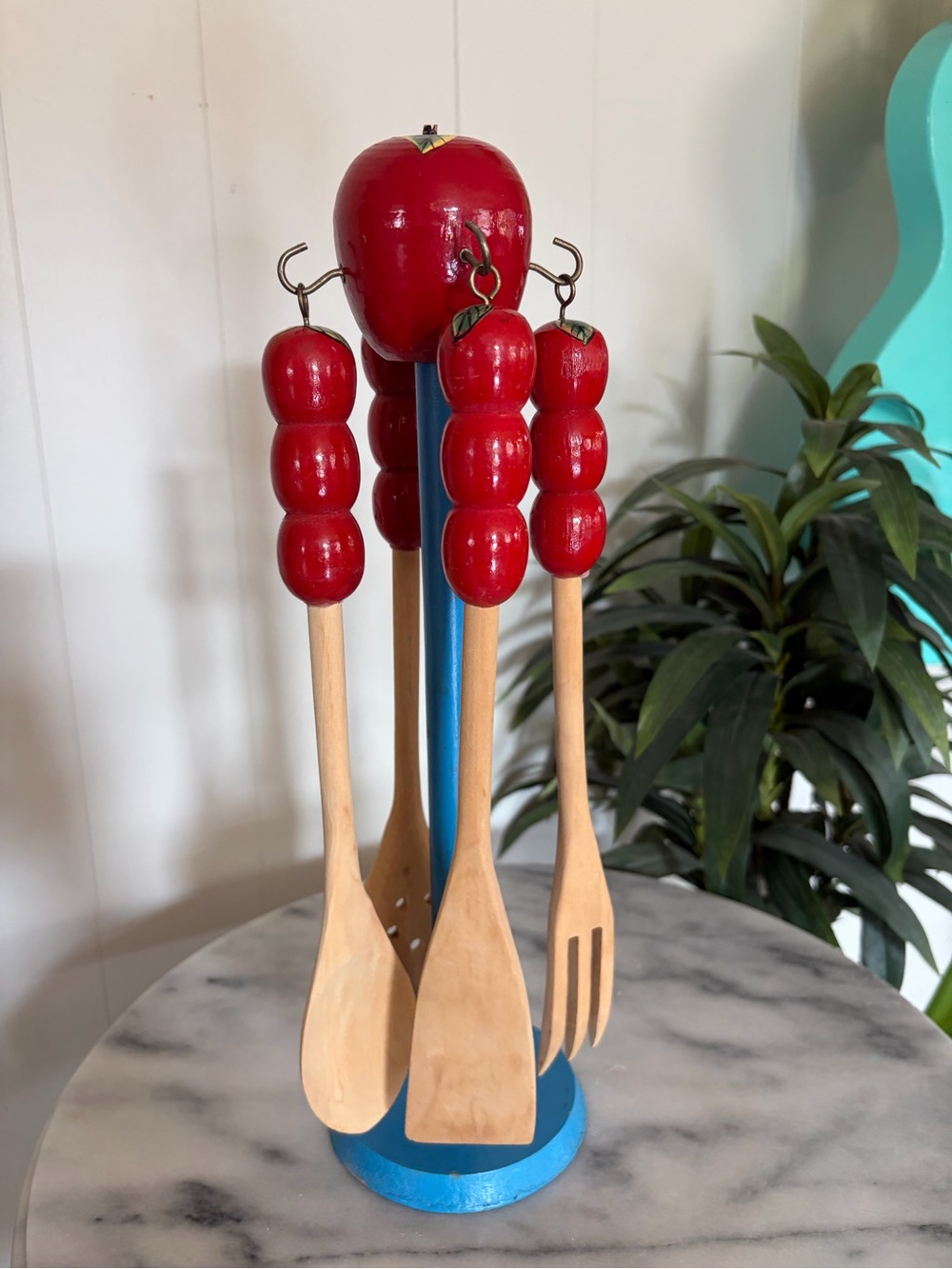 Vintage Wood Apple Kitchen Utensil Set Holder Retro Kitsch Mid Century Decor - Picture 3 of 7